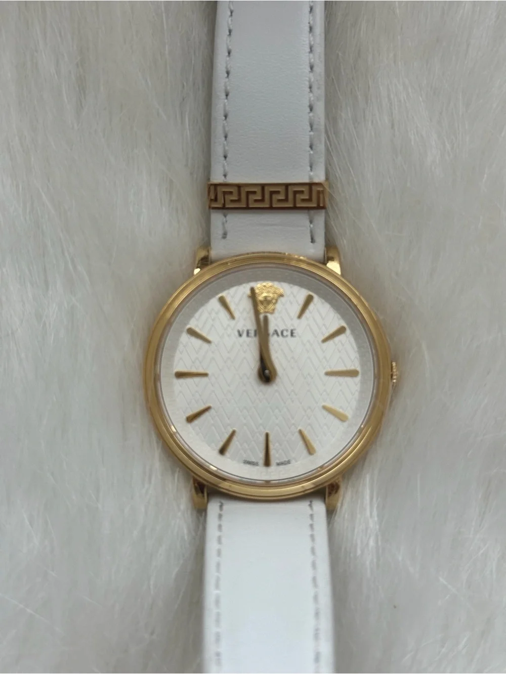 Authentic Versace White Leather Strap Watch with Gold-Tone Case